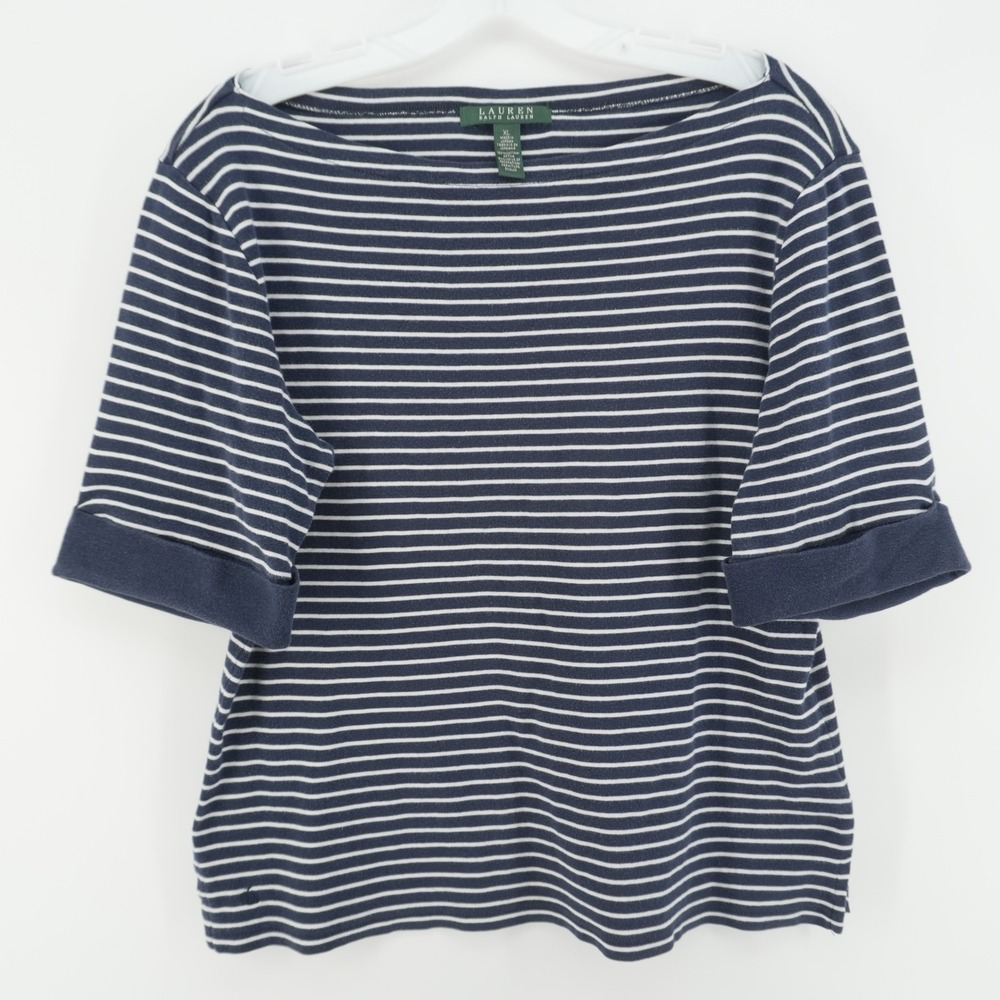 Lauren Ralph Lauren Top Womens XL Navy Striped Boat Neck Cuffed Short Sleeve